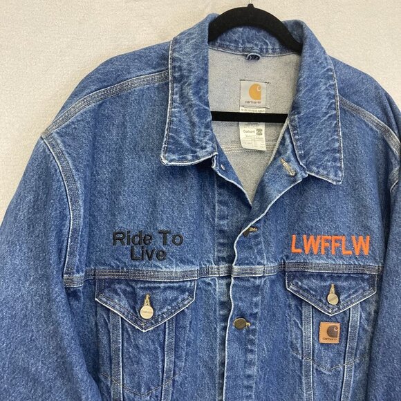 Vintage 90s Carhartt Denim Biker Jacket Mens 3XL Tall Hell On Wheels USA J12 DST - Picture 6 of 12